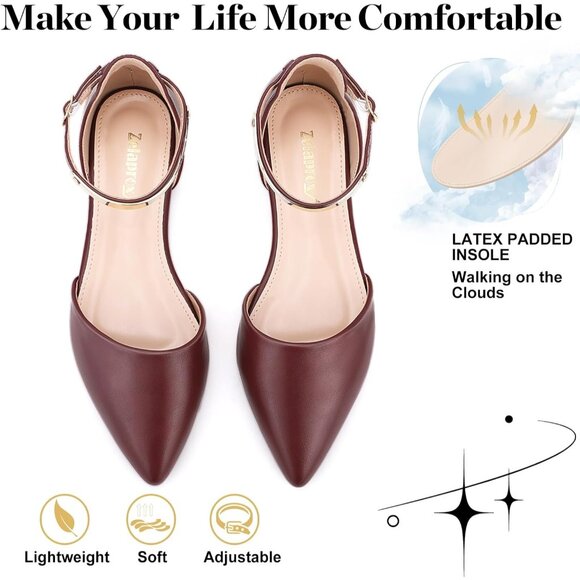 Zelaprox Women's Wine/Pu Leather Rhinestone Pointed Toe Bowknot Ballet Shoes - Picture 2 of 4